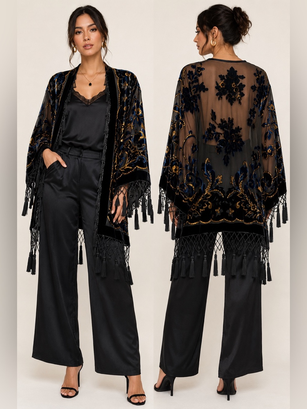 K Studio Burnout Velvet Silk Blend Beaded Tassel Kimono  Black Blue Gold Boho